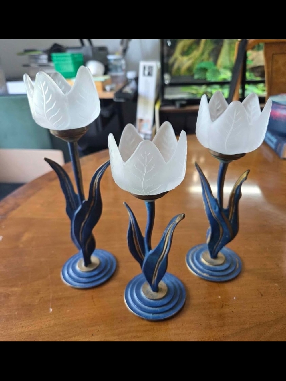 Blue Metal Tulip Candle Holders with Frosted Shades